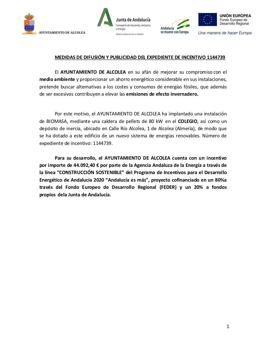 ayuntamiento, alcolea, junta, andalucía, subvenciones, instalación, biomasa